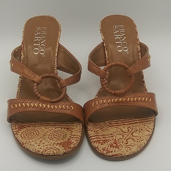 Franco Sarto Tan Tribal Design Loop Strap Leather Round Open Toe Wedge Sandal - Picture 2 of 15